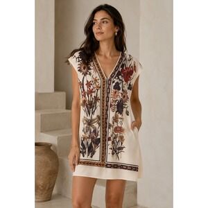 Beulah Style Women Cream Floral Graphic Cotton V-Neck Tunic Top CD3646 Boho L